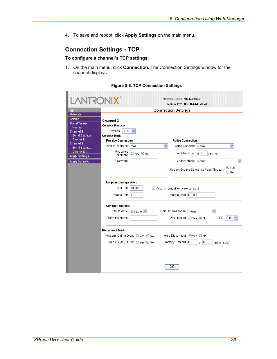 Connection settings - tcp, Figure 5-6. tcp connection settings | Lantronix 900-422 User Manual | Page 39 / 87