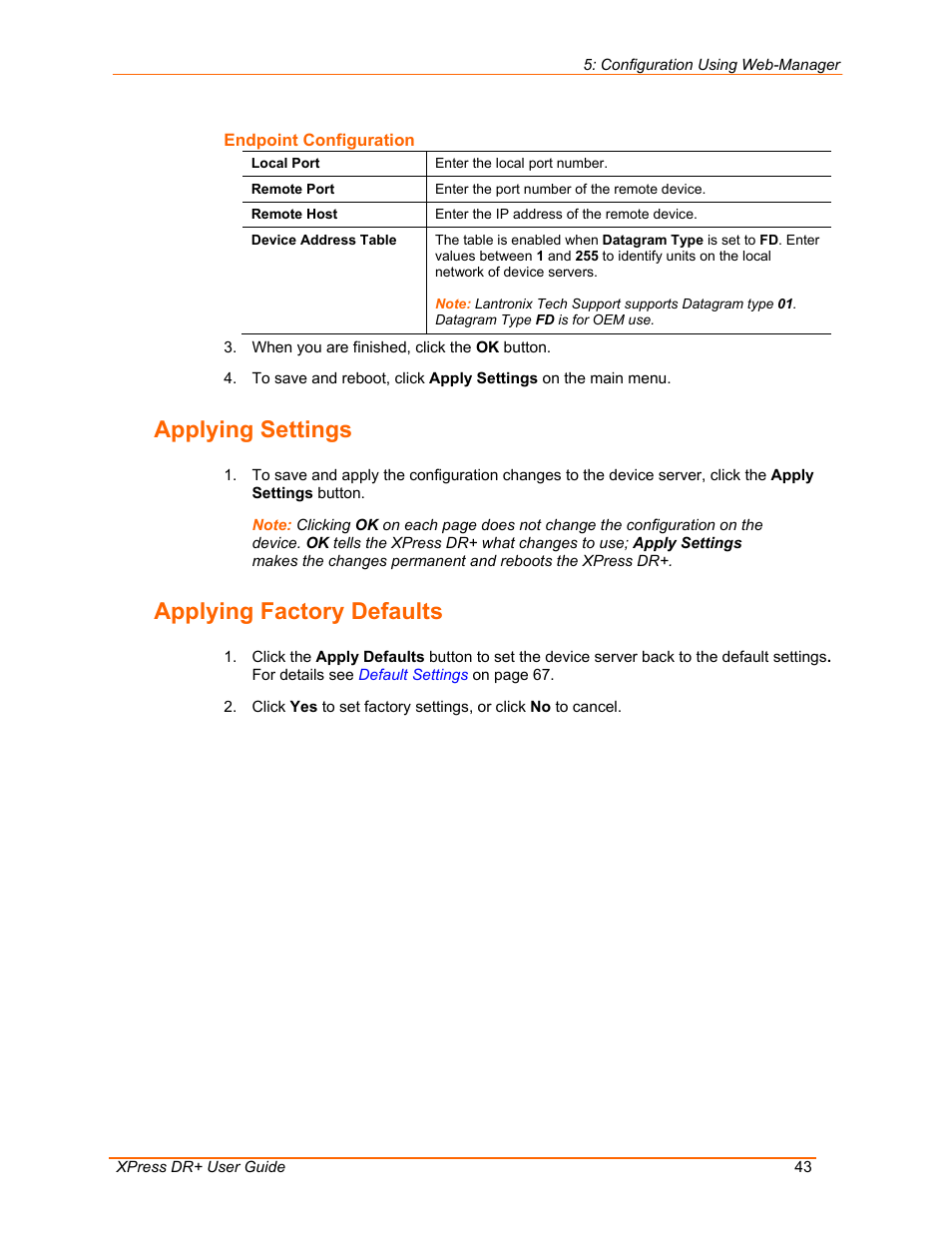 Applying settings, Applying factory defaults | Lantronix 900-422 User Manual | Page 43 / 87