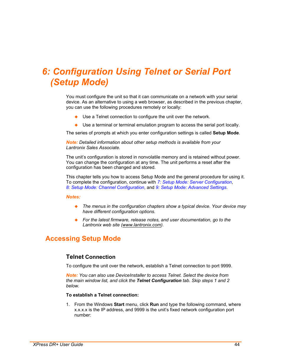 Accessing setup mode, Telnet connection, Through | Configuration using telnet or serial port, Setup mode), Telnet | Lantronix 900-422 User Manual | Page 44 / 87
