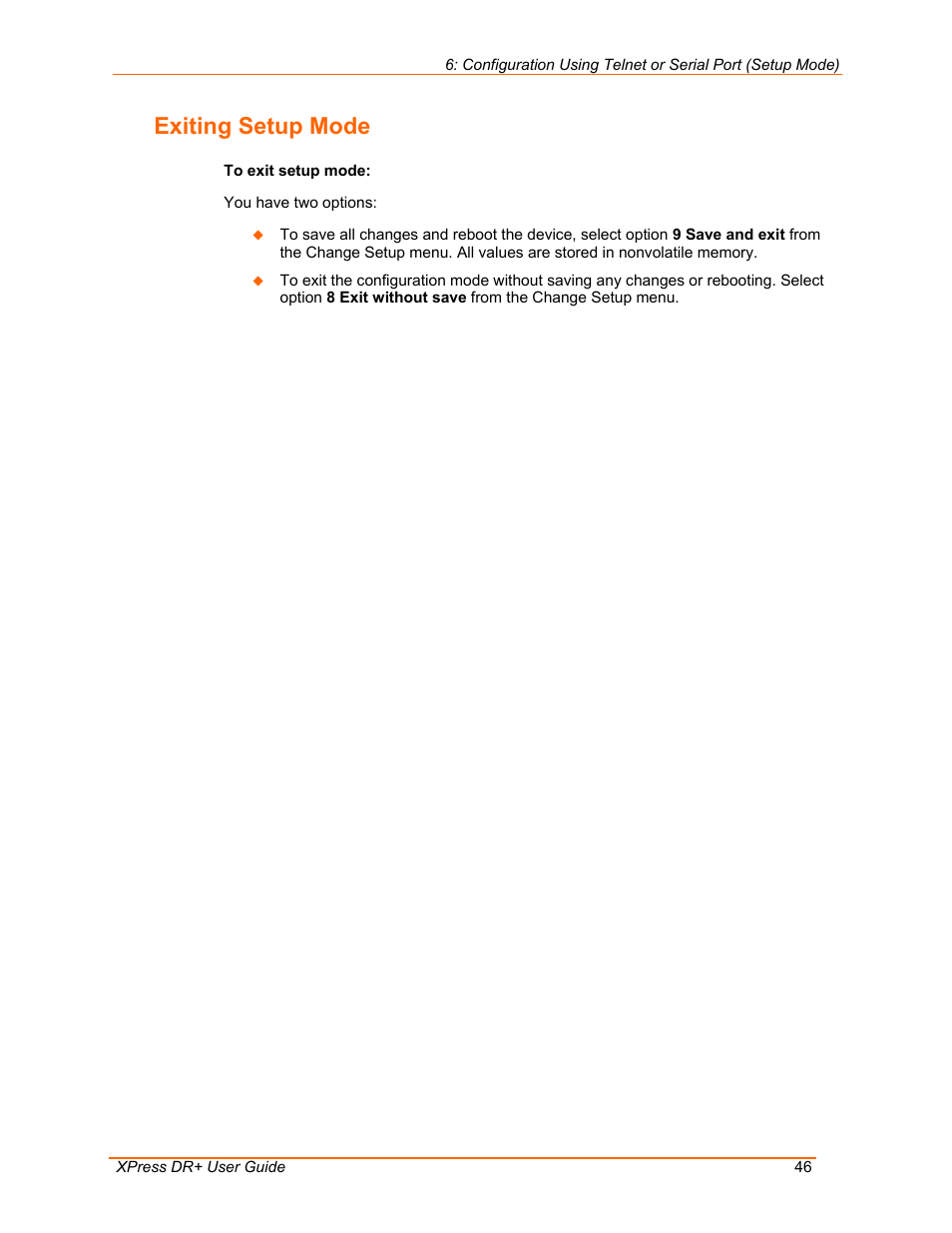 Exiting setup mode | Lantronix 900-422 User Manual | Page 46 / 87