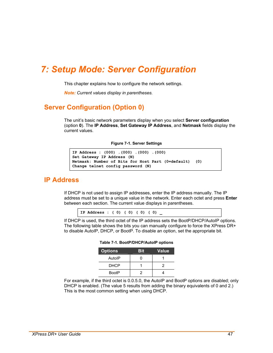 Setup mode: server configuration, Server configuration (option 0), Ip address | Figure 7-1. server settings, Table 7-1. bootp/dhcp/autoip options, With | Lantronix 900-422 User Manual | Page 47 / 87