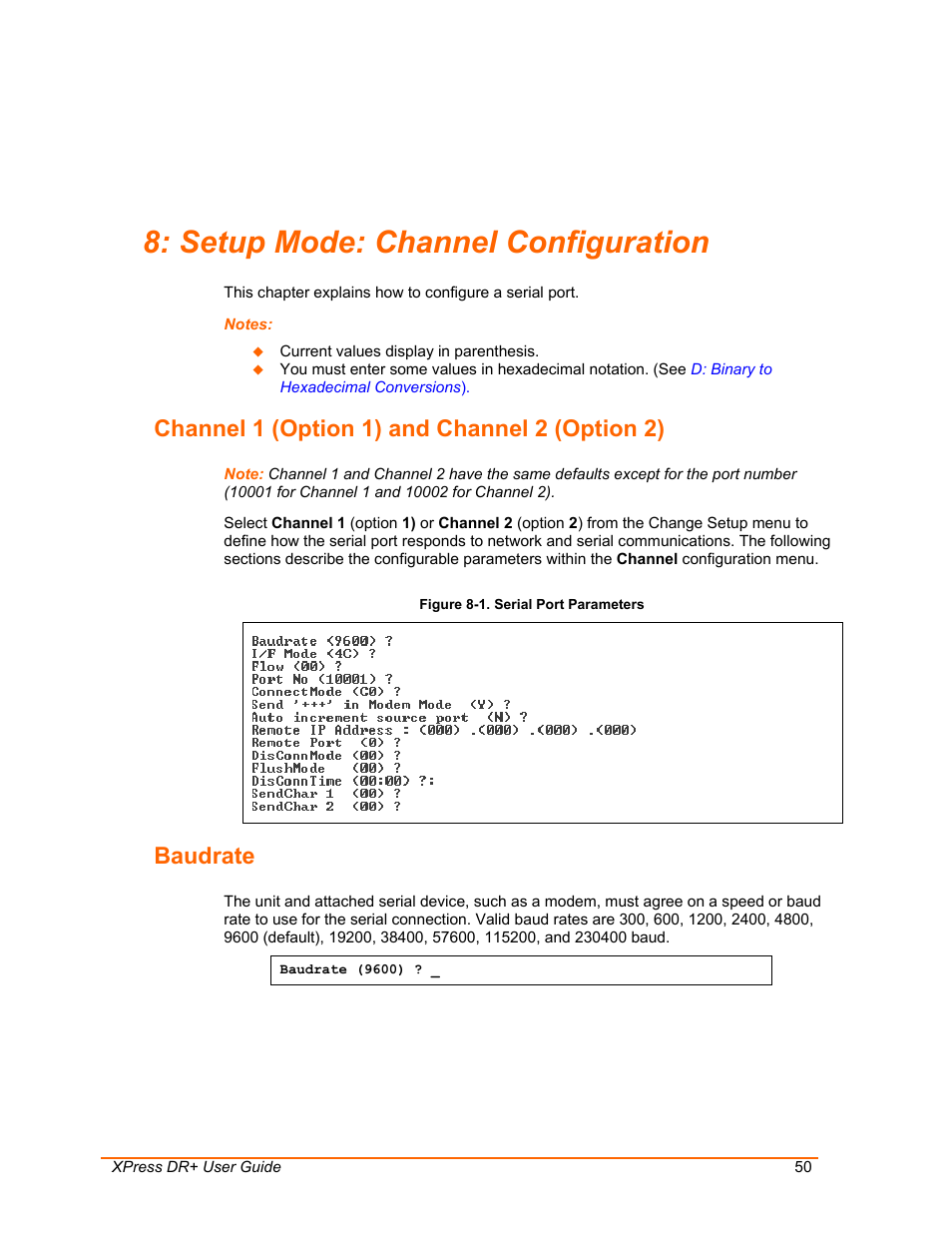 Setup mode: channel configuration, Channel 1 (option 1) and channel 2 (option 2), Baudrate | Figure 8-1. serial port parameters | Lantronix 900-422 User Manual | Page 50 / 87