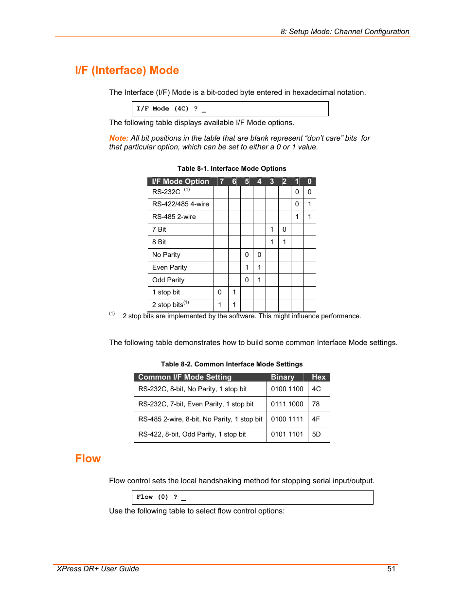 I/f (interface) mode, Flow, Table 8-1. interface mode options | Table 8-2. common interface mode settings | Lantronix 900-422 User Manual | Page 51 / 87