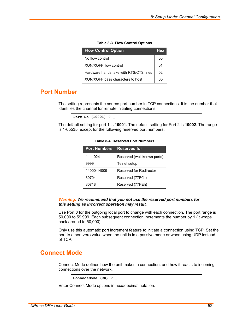 Port number, Connect mode, Table 8-3. flow control options | Table 8-4. reserved port numbers | Lantronix 900-422 User Manual | Page 52 / 87