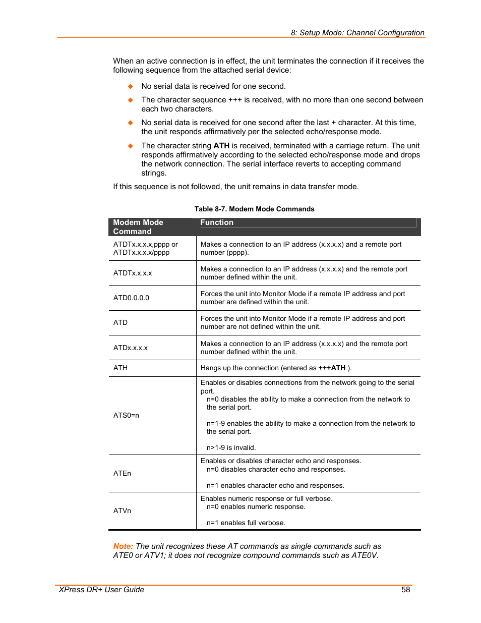 Table 8-7. modem mode commands | Lantronix 900-422 User Manual | Page 58 / 87