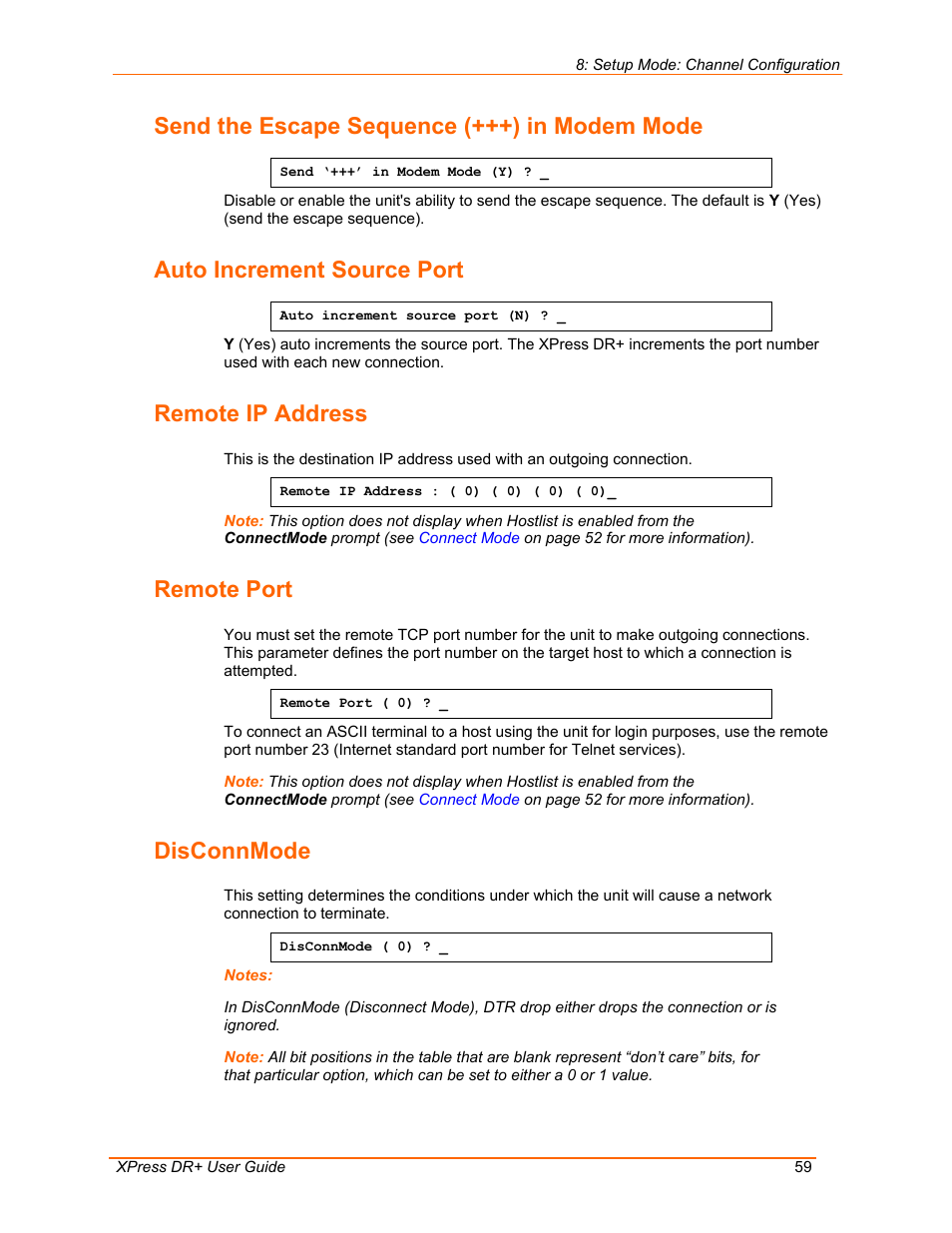 Send the escape sequence (+++) in modem mode, Auto increment source port, Remote ip address | Remote port, Disconnmode | Lantronix 900-422 User Manual | Page 59 / 87