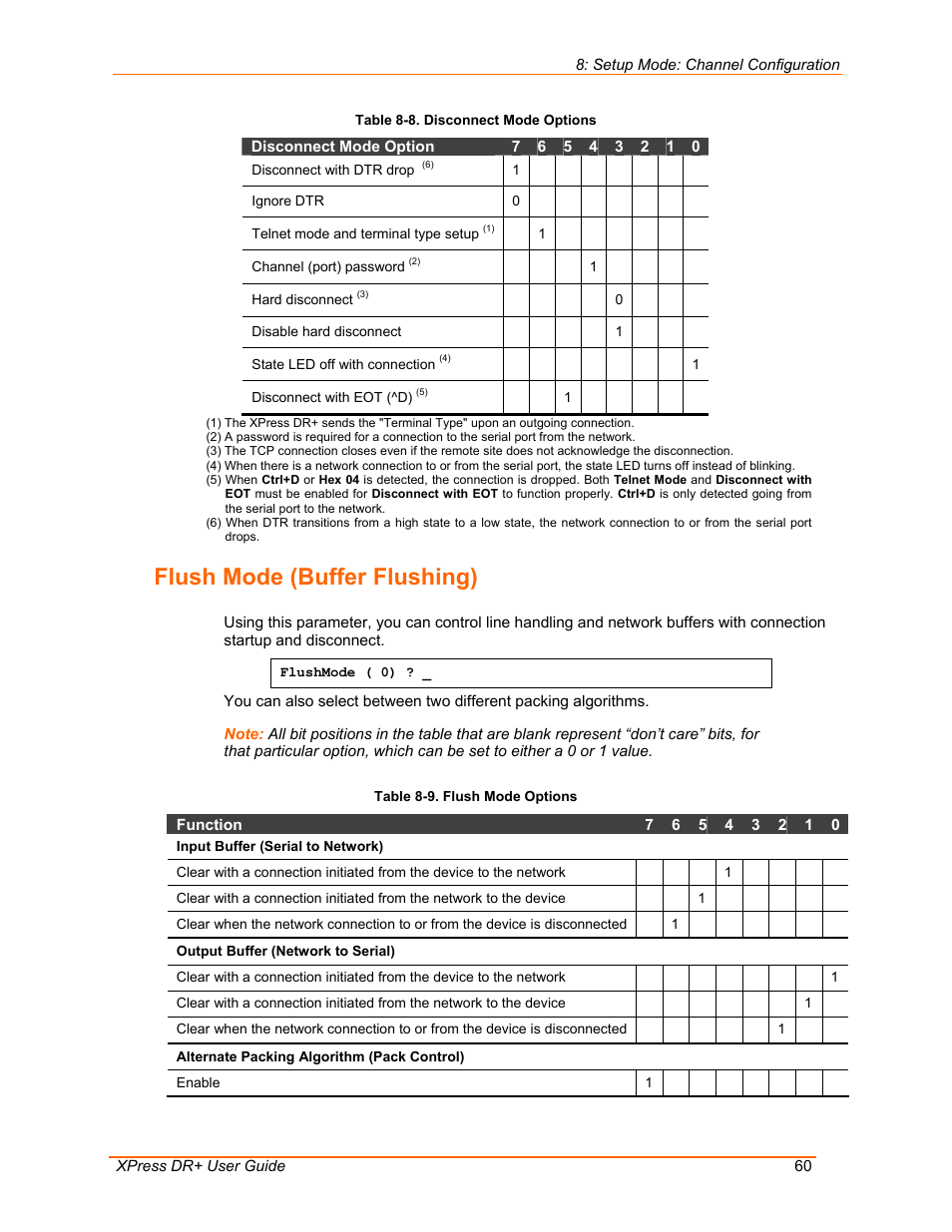 Flush mode (buffer flushing), Table 8-8. disconnect mode options, Table 8-9. flush mode options | Lantronix 900-422 User Manual | Page 60 / 87