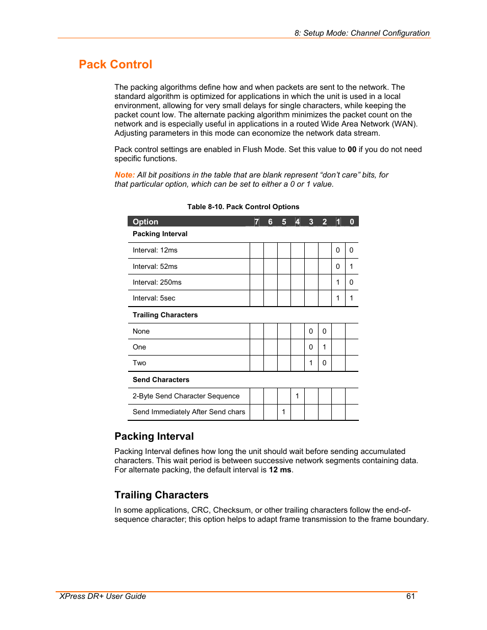 Pack control, Packing interval, Trailing characters | Table 8-10. pack control options | Lantronix 900-422 User Manual | Page 61 / 87