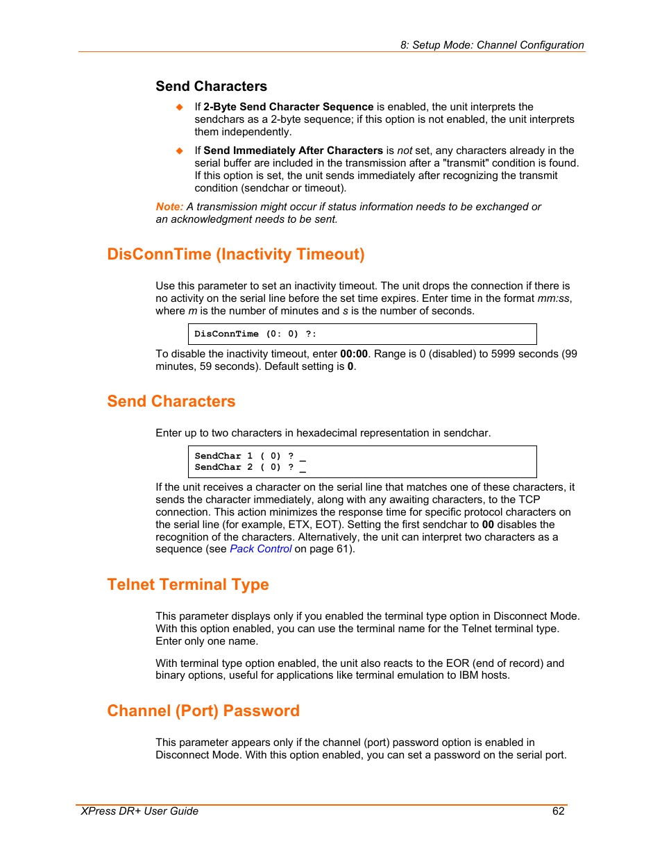 Disconntime (inactivity timeout), Send characters, Telnet terminal type | Channel (port) password | Lantronix 900-422 User Manual | Page 62 / 87