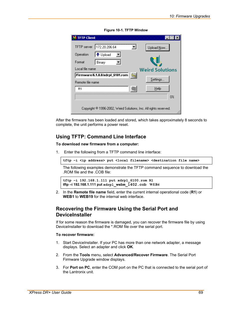 Using tftp: command line interface, Figure 10-1. tftp window | Lantronix 900-422 User Manual | Page 69 / 87