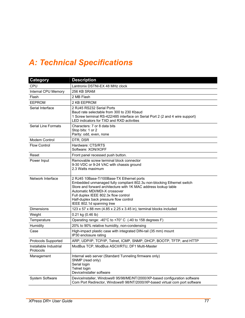 Technical specifications, A: technical specifications | Lantronix 900-422 User Manual | Page 77 / 87
