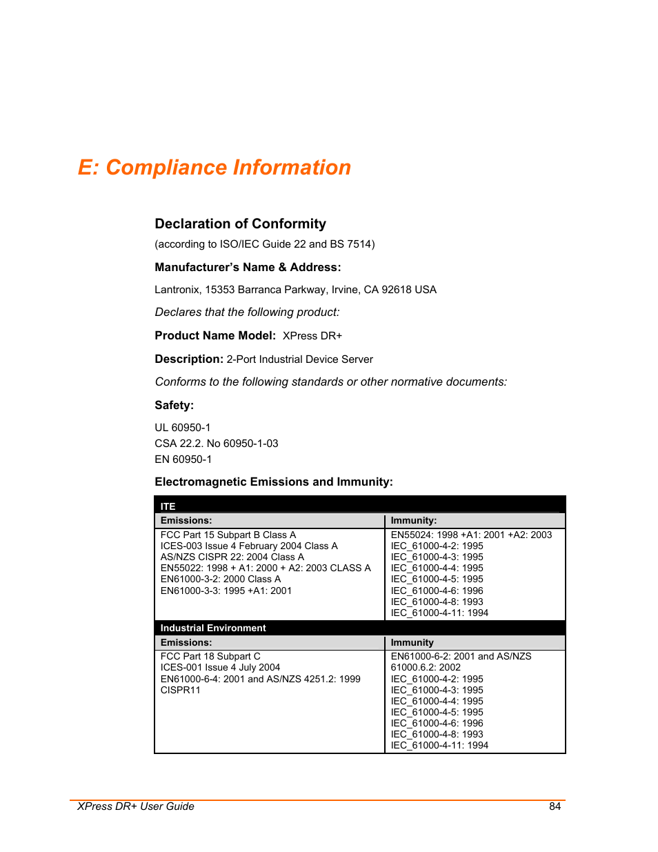 Compliance information, E: compliance information, Declaration of conformity | Lantronix 900-422 User Manual | Page 84 / 87