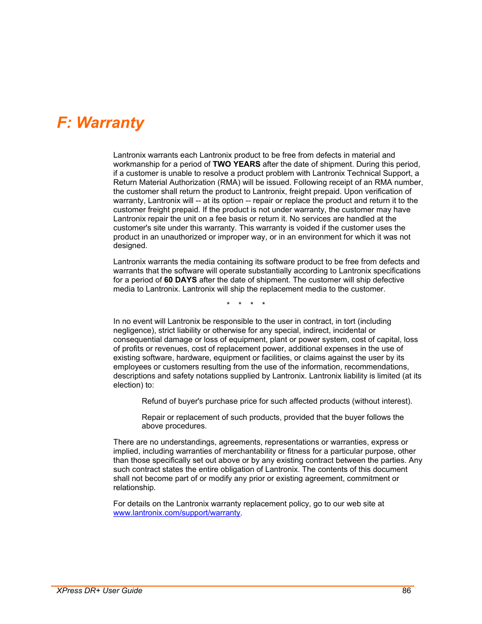 Warranty, F: warranty | Lantronix 900-422 User Manual | Page 86 / 87