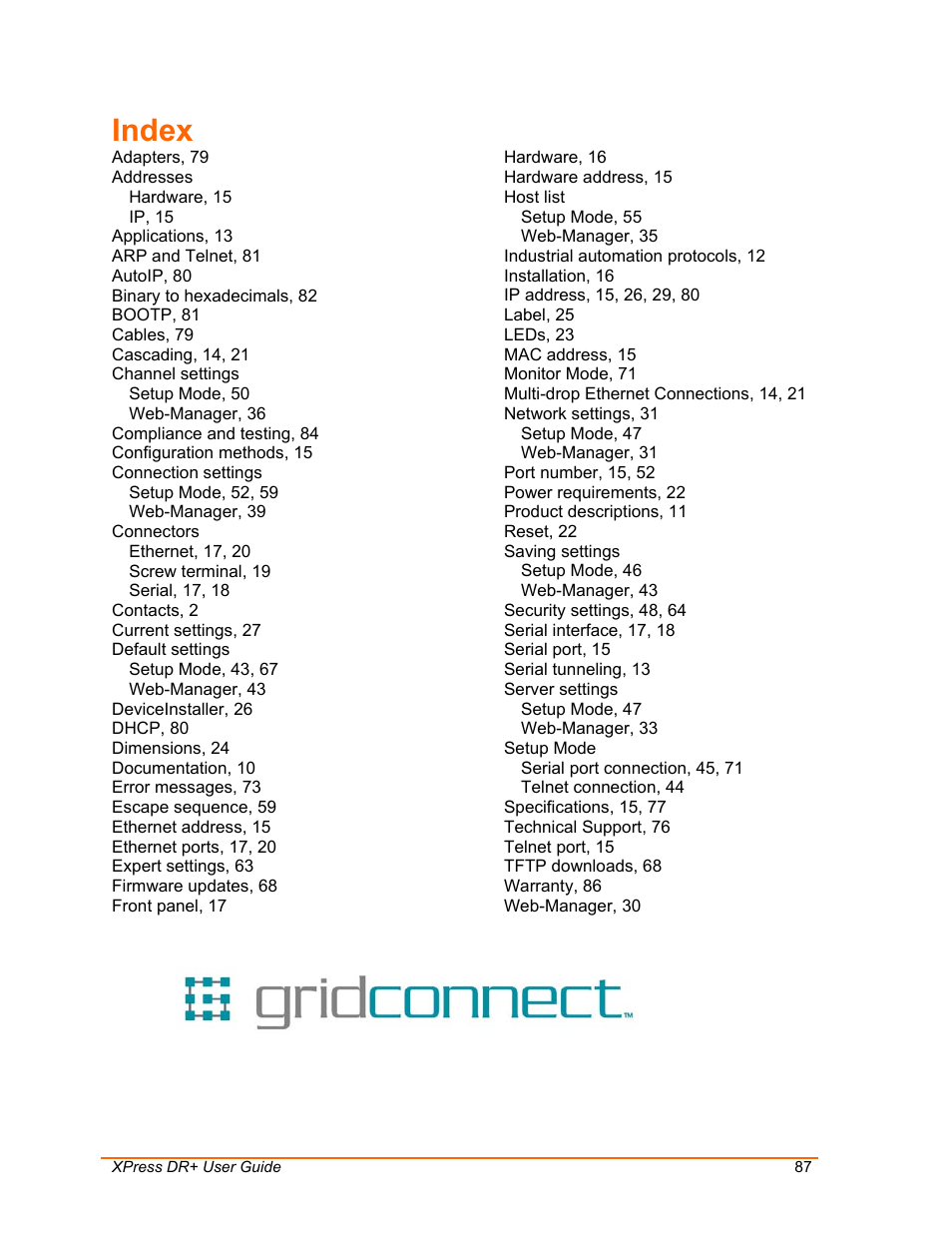 Index | Lantronix 900-422 User Manual | Page 87 / 87