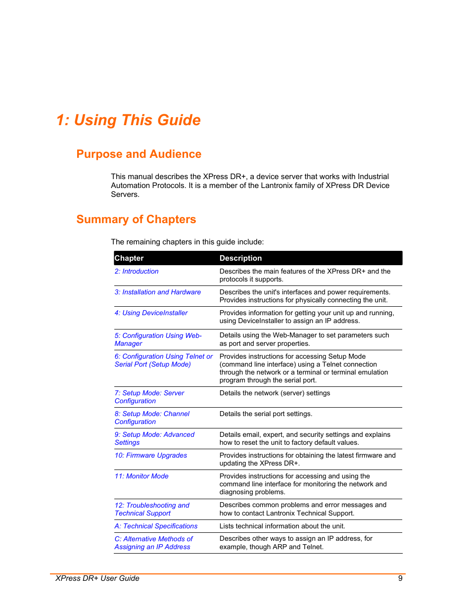Using this guide, Purpose and audience, Summary of chapters | Lantronix 900-422 User Manual | Page 9 / 87