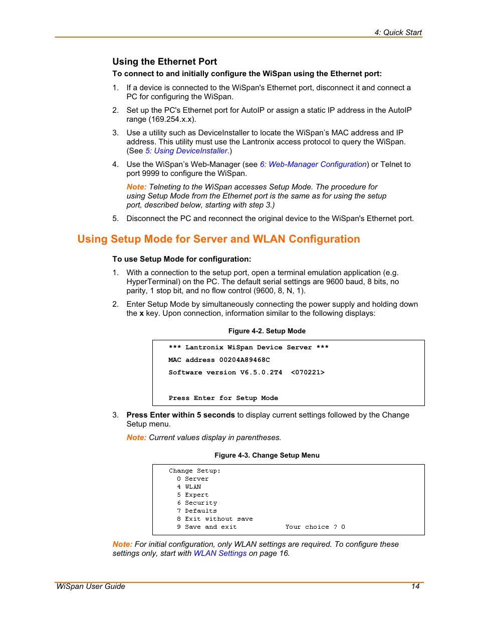 Using setup mode for server and wlan configuration | Lantronix WiSpan User Manual | Page 14 / 48