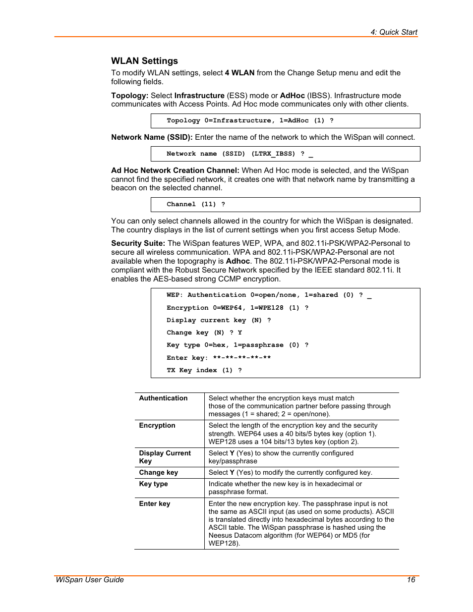 Wlan settings | Lantronix WiSpan User Manual | Page 16 / 48