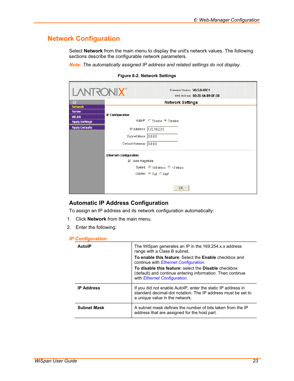 Network configuration | Lantronix WiSpan User Manual | Page 23 / 48