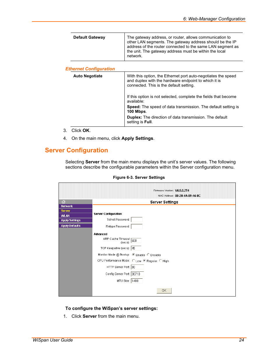 Server configuration | Lantronix WiSpan User Manual | Page 24 / 48