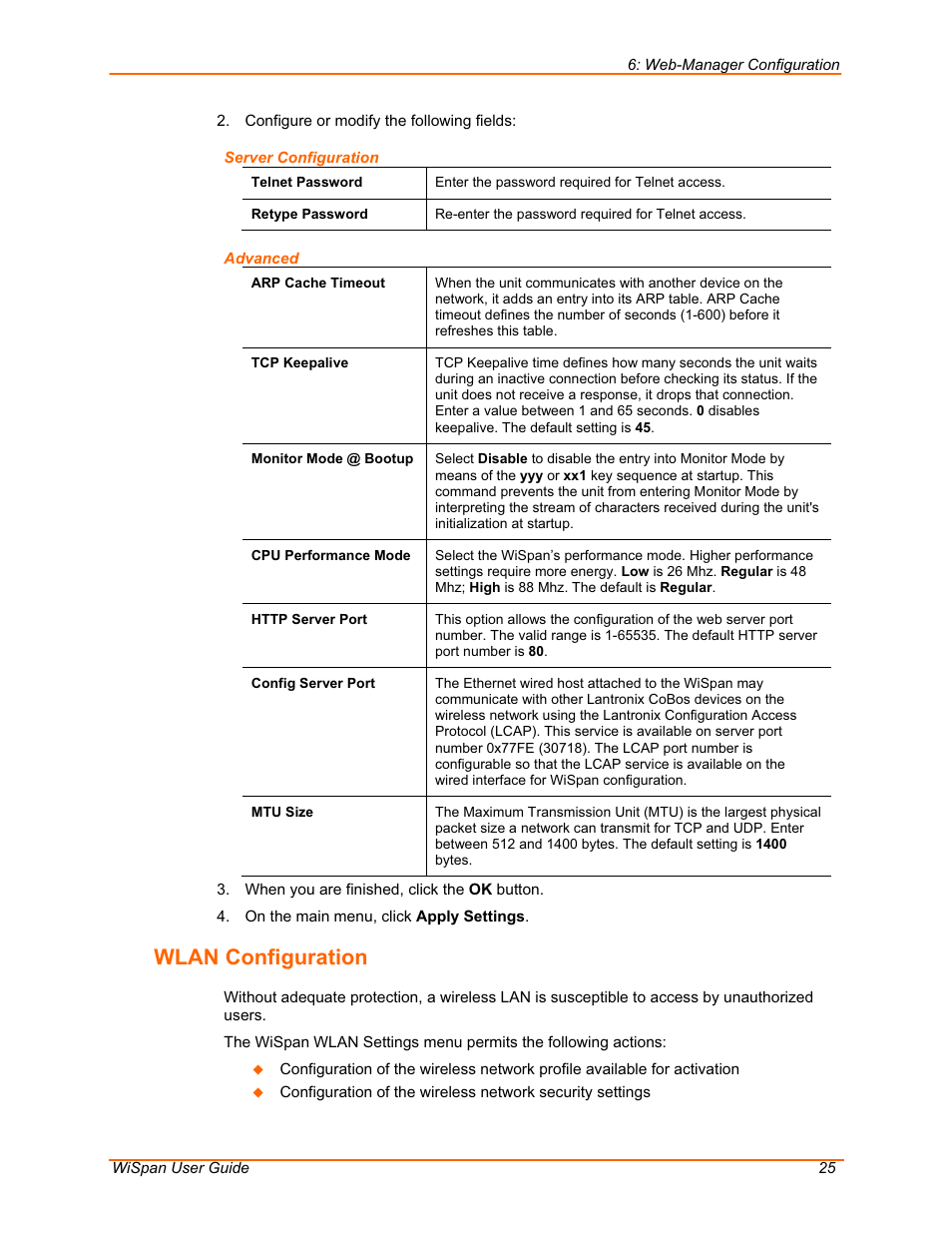 Wlan configuration | Lantronix WiSpan User Manual | Page 25 / 48