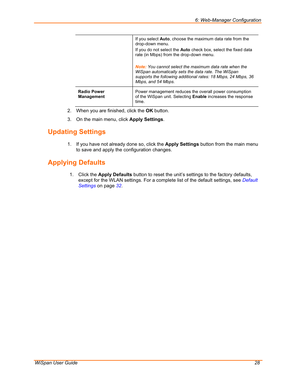 Updating settings, Applying defaults | Lantronix WiSpan User Manual | Page 28 / 48