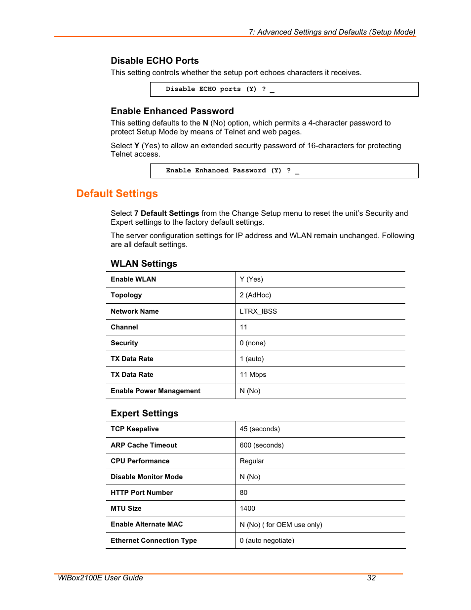 Default settings | Lantronix WiSpan User Manual | Page 32 / 48