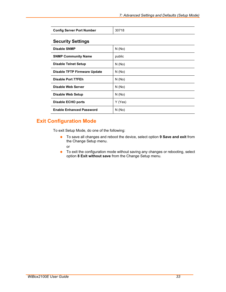 Exit configuration mode, Security settings | Lantronix WiSpan User Manual | Page 33 / 48