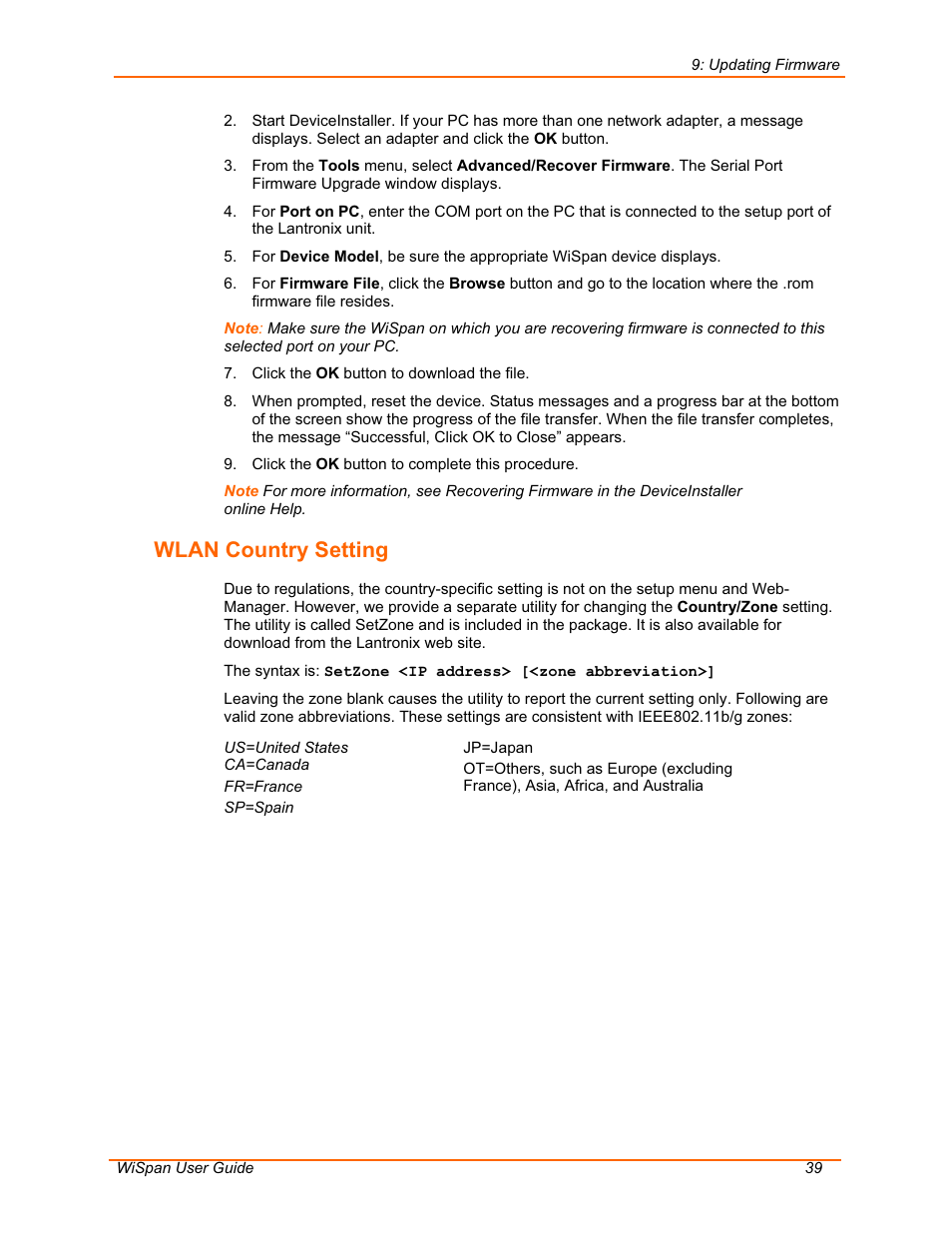 Wlan country setting | Lantronix WiSpan User Manual | Page 39 / 48