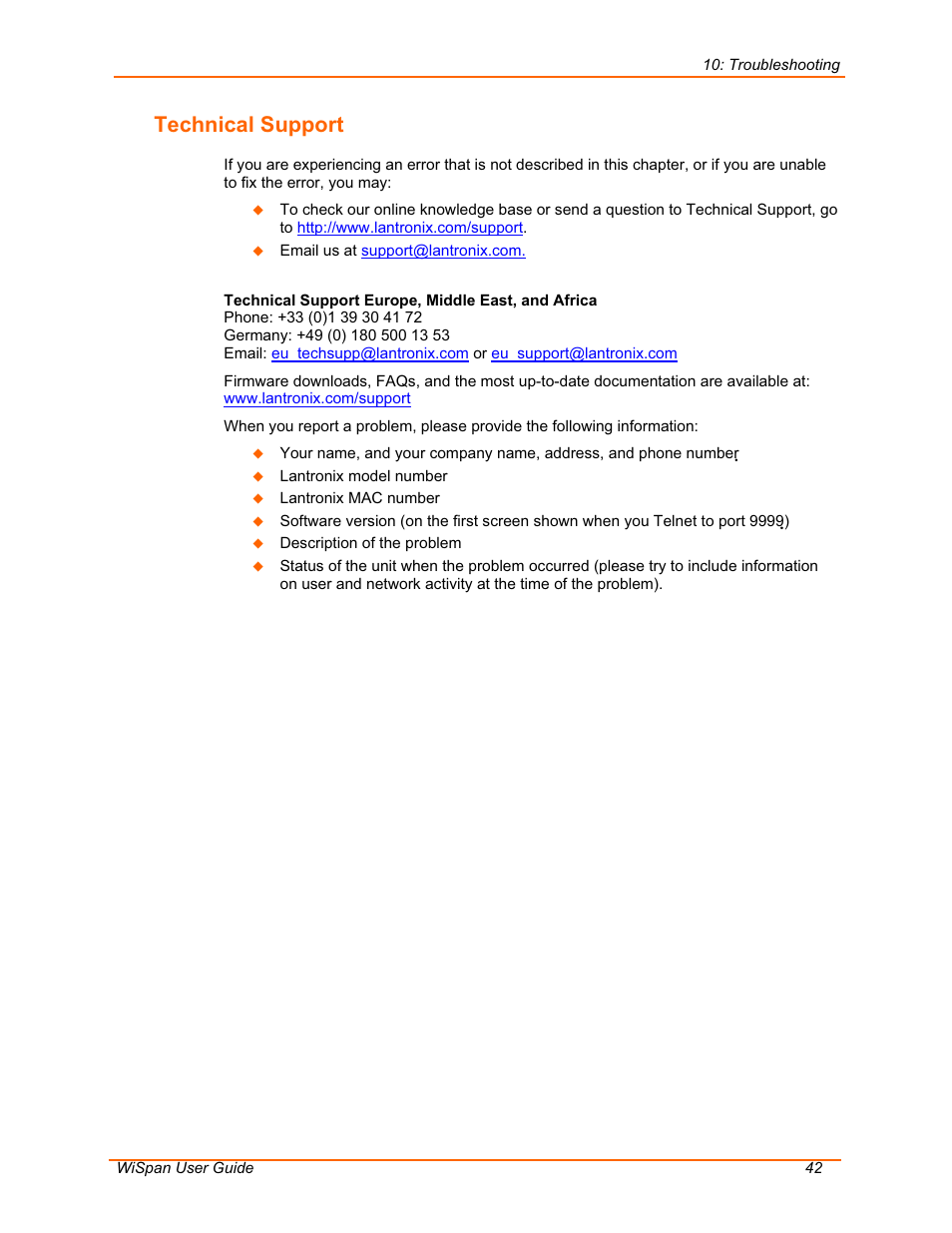 Technical support | Lantronix WiSpan User Manual | Page 42 / 48
