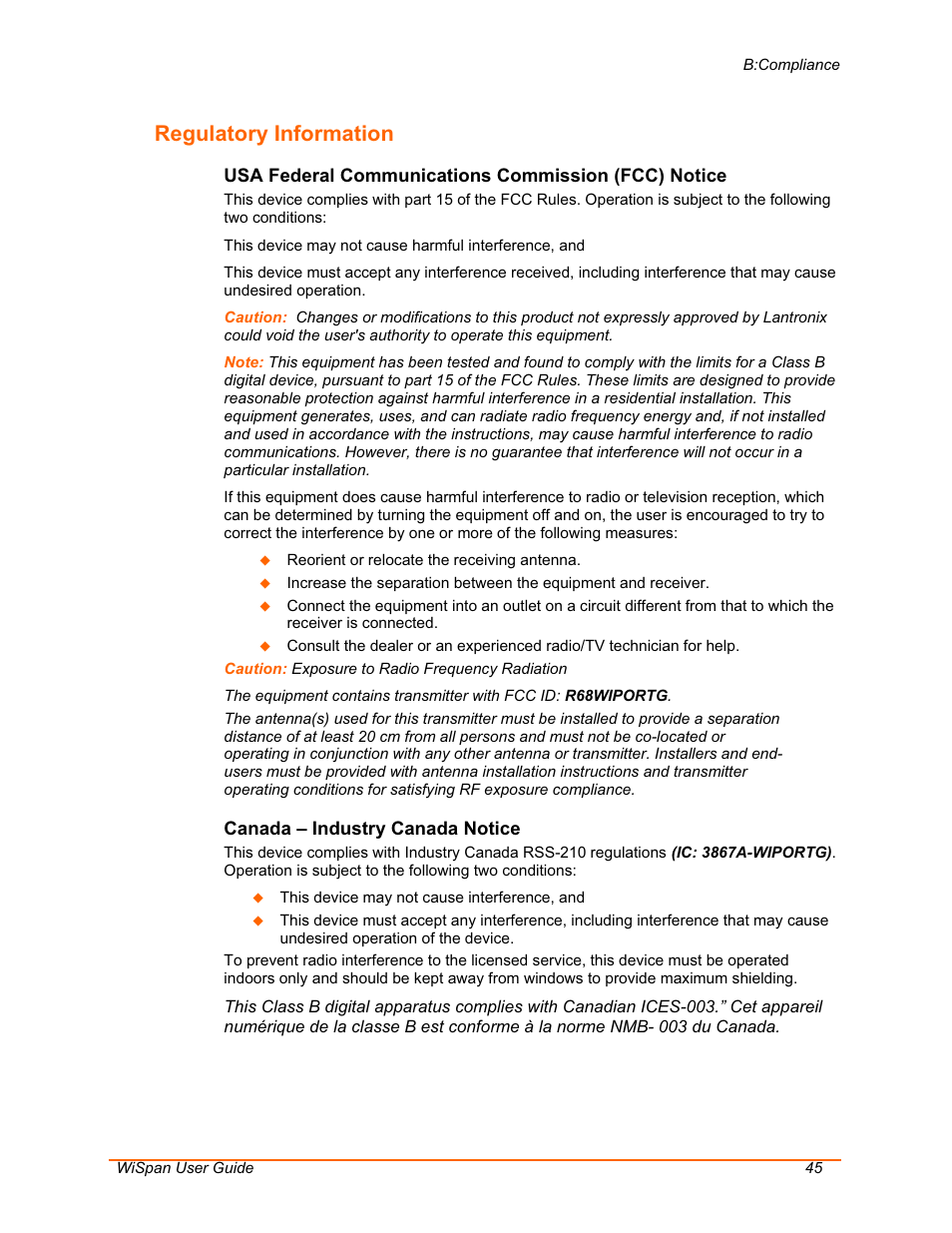 Regulatory information | Lantronix WiSpan User Manual | Page 45 / 48