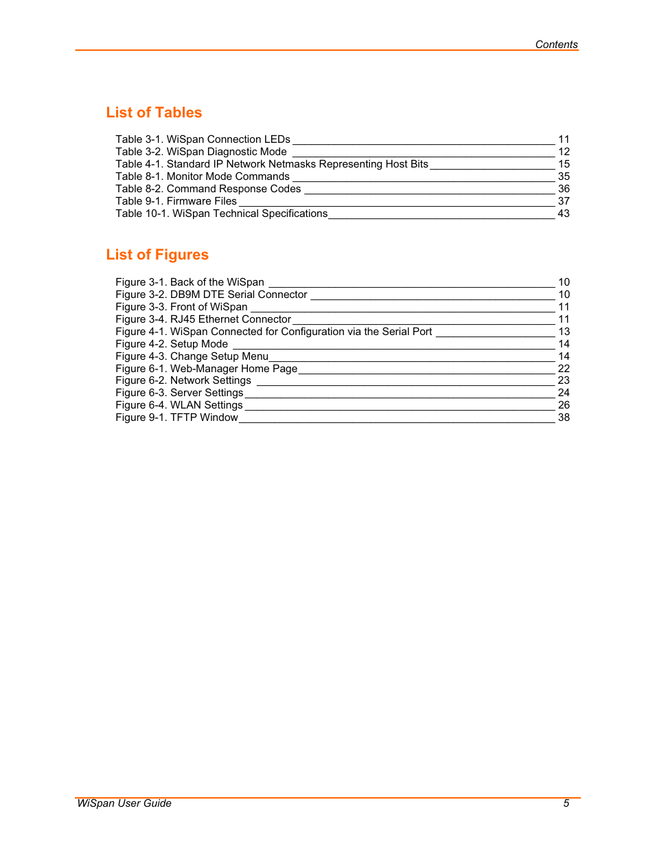 List of tables, List of figures | Lantronix WiSpan User Manual | Page 5 / 48