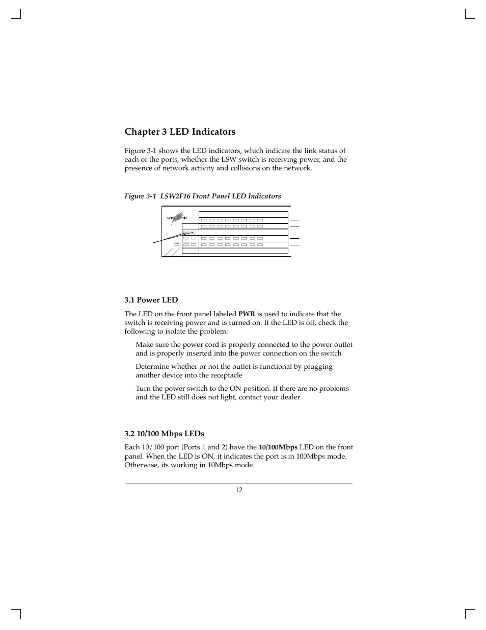 Chapter 3 led indicators, 1 power led | Lantronix LSW2F8 User Manual | Page 13 / 18