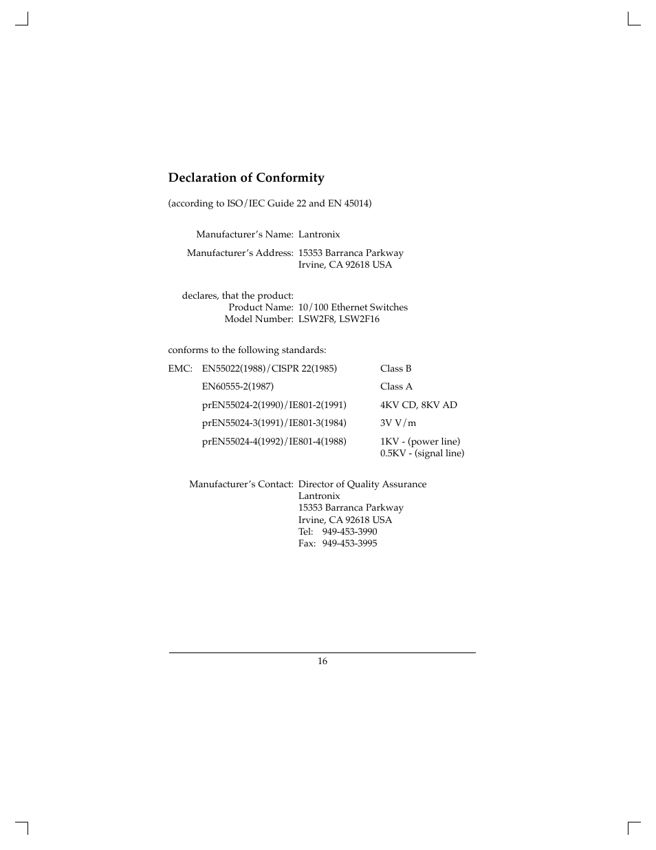 Declaration of conformity | Lantronix LSW2F8 User Manual | Page 17 / 18