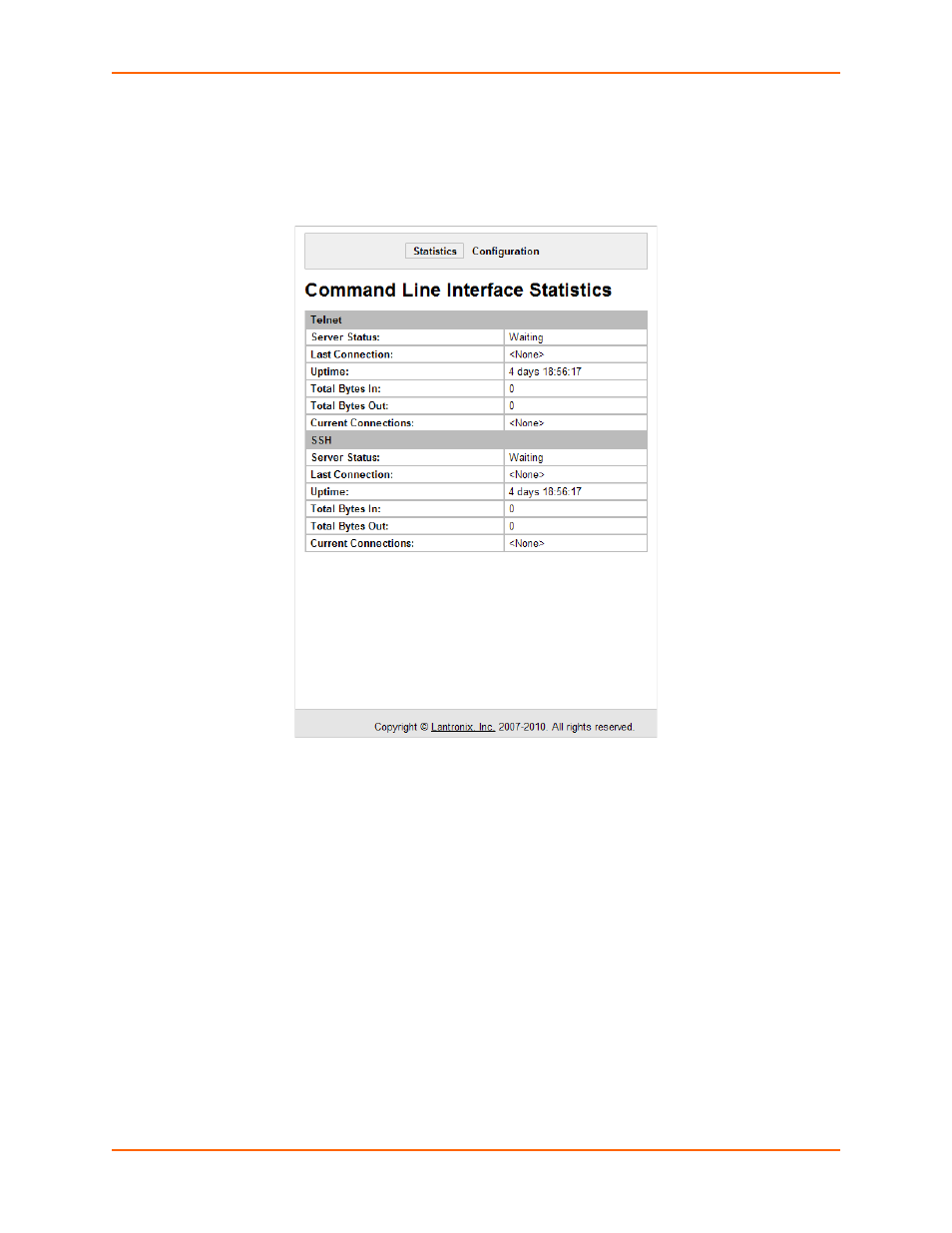 Cli statistics, Cli configuration | Lantronix XPort AR User Manual | Page 119 / 142