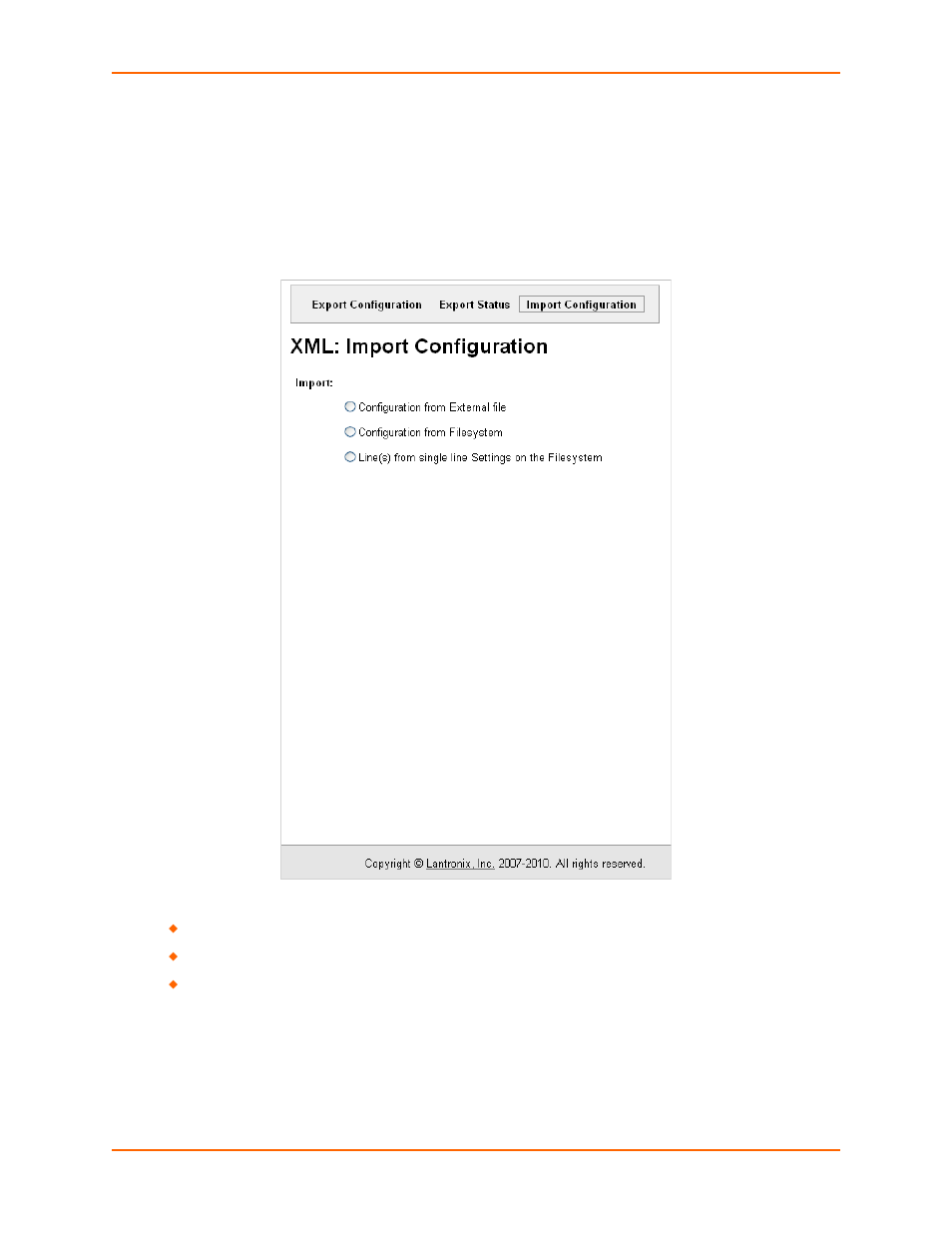 Xml import configuration, Import configuration from external file | Lantronix XPort AR User Manual | Page 125 / 142
