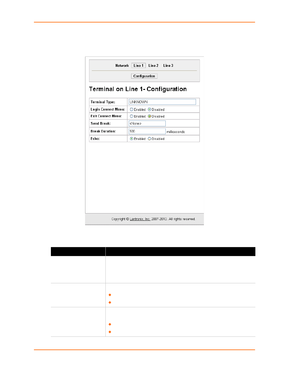 Table 7-2 terminal on line 1 configuration fields | Lantronix XPort AR User Manual | Page 57 / 142