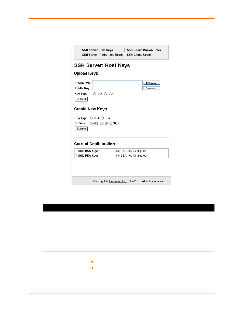 Table 10-1 ssh server host keys fields | Lantronix XPort AR User Manual | Page 82 / 142