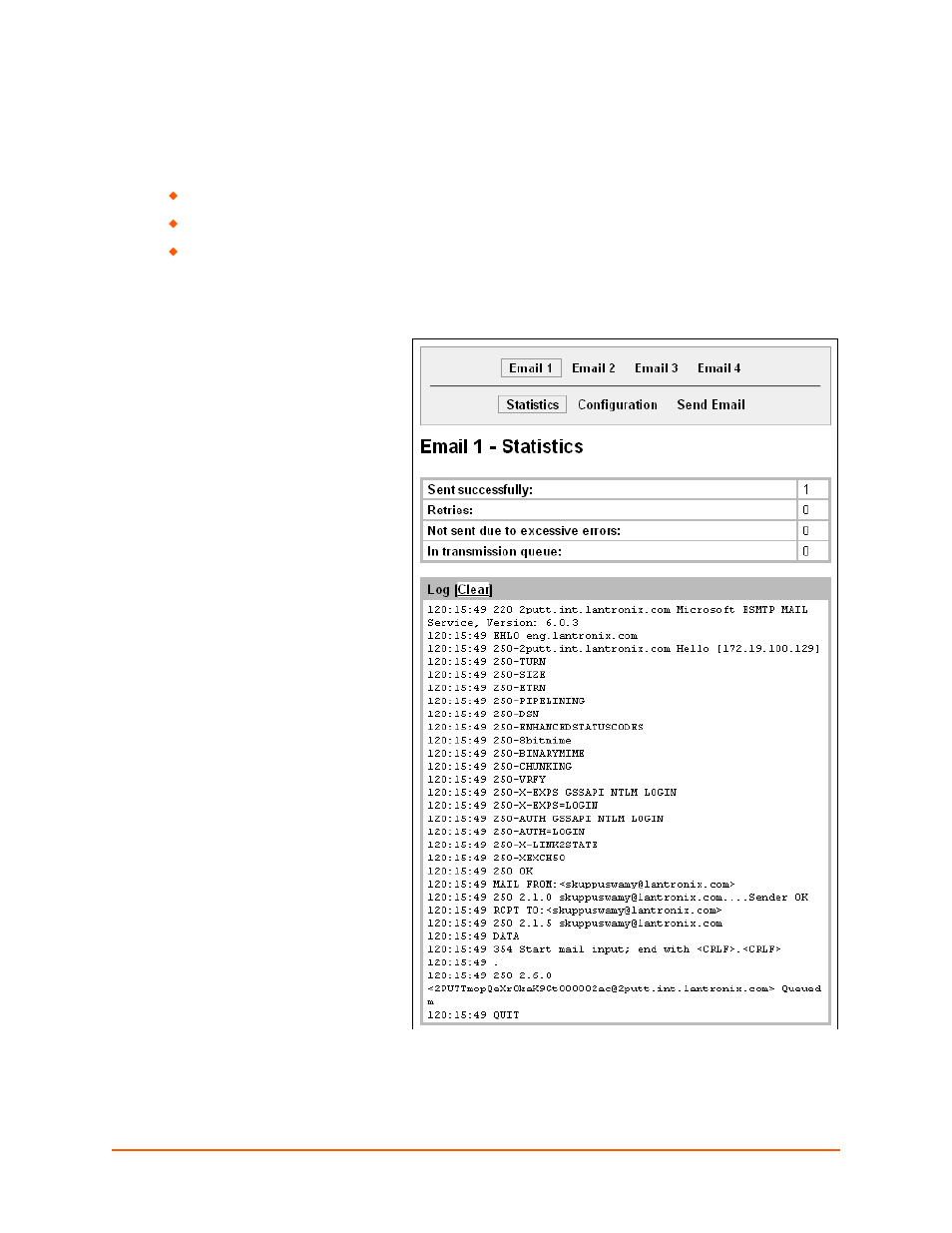Advanced settings, Email settings, Email statistics | Figure 13-1 email statistics, Chapter 13: advanced settings | Lantronix XPORT PROTM 900-560 User Manual | Page 125 / 154