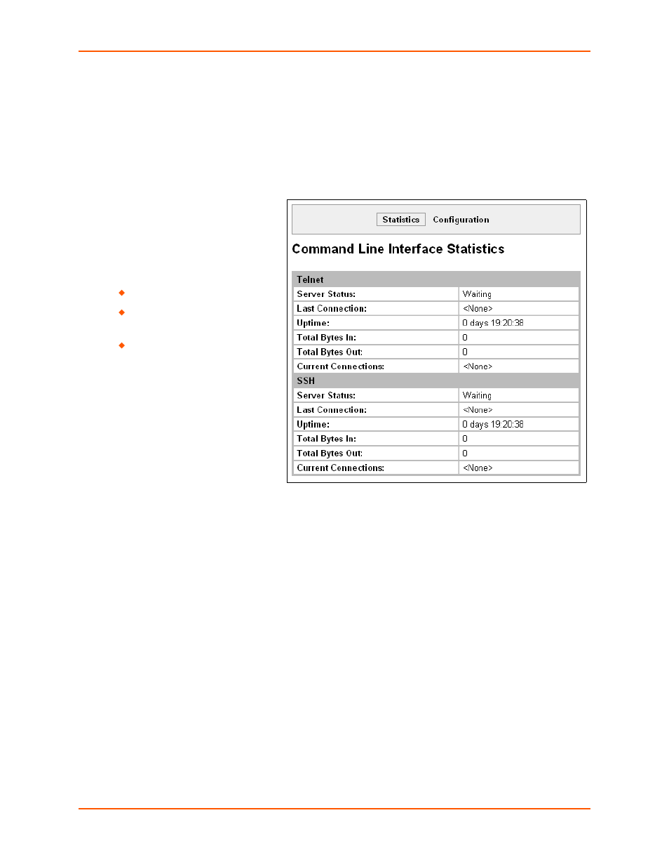 Command line interface settings, Cli statistics, To view the cli statistics | Cli configuration, To configure the cli, Figure 13-4 cli statistics | Lantronix XPORT PROTM 900-560 User Manual | Page 128 / 154