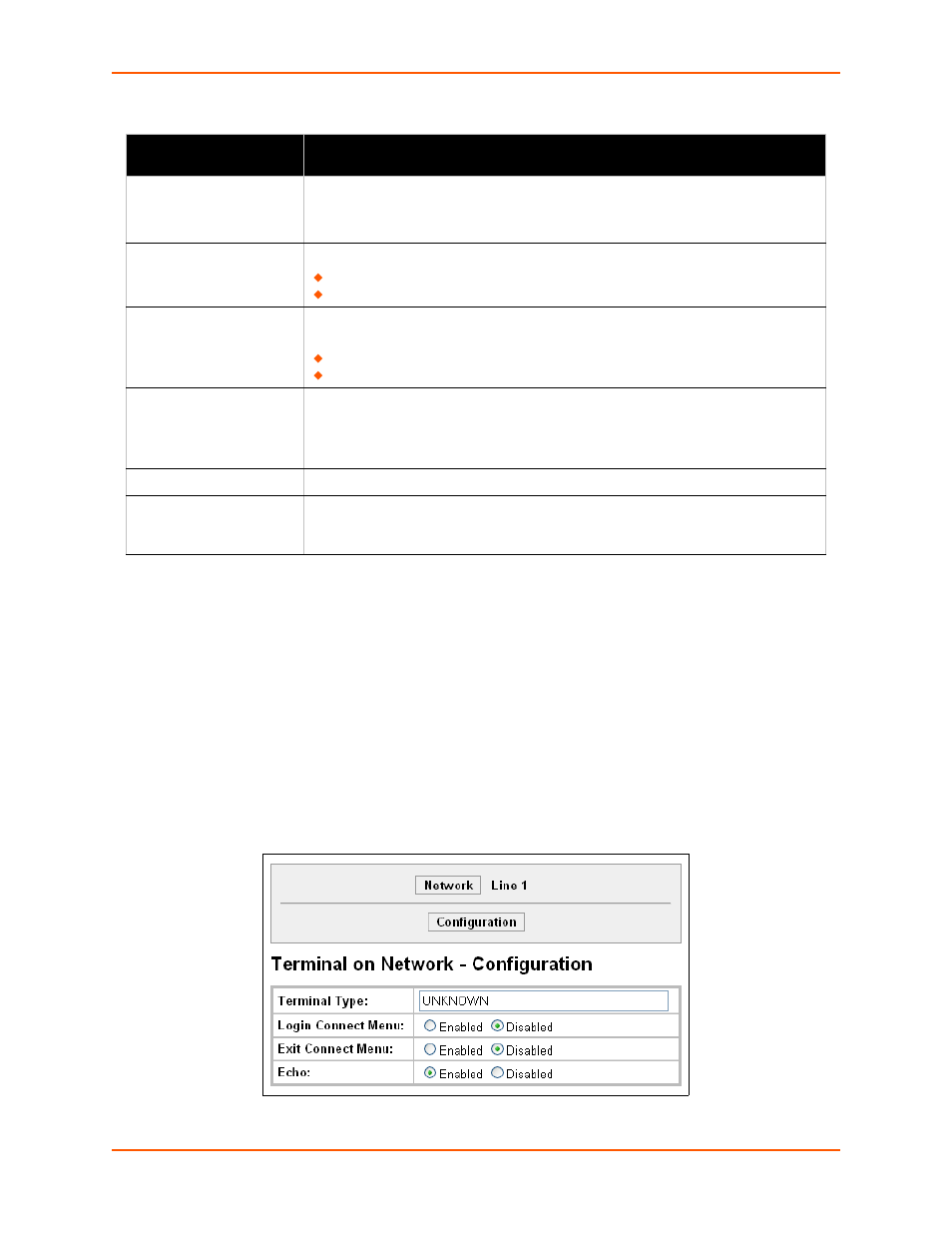 Network terminal configuration, Figure 7-3 terminal on network configuration, Table 7-2 terminal on line 1 configuration | Lantronix XPORT PROTM 900-560 User Manual | Page 56 / 154