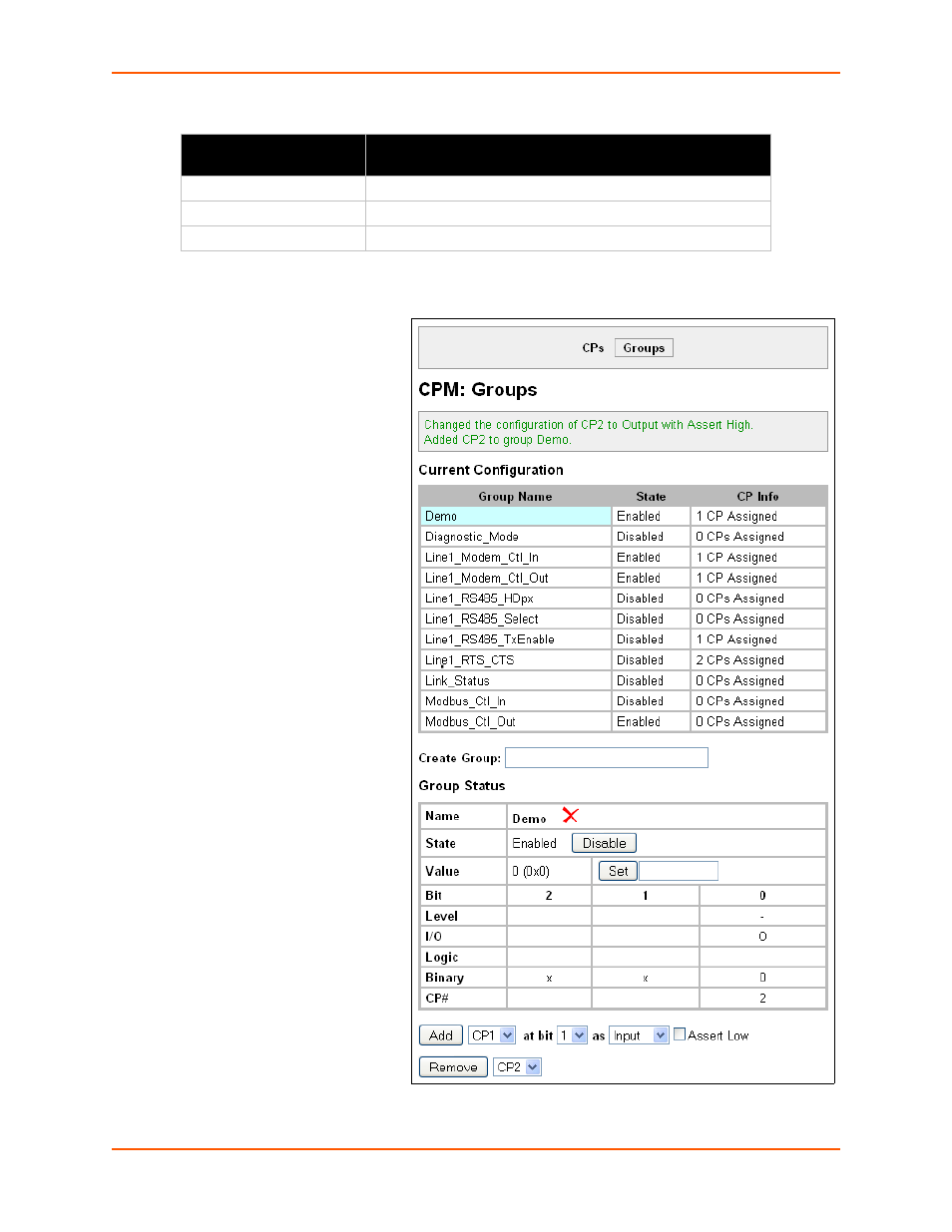 Figure 8-6 cpm: group status, Table 8-5 cpm groups current configuration | Lantronix XPORT PROTM 900-560 User Manual | Page 63 / 154