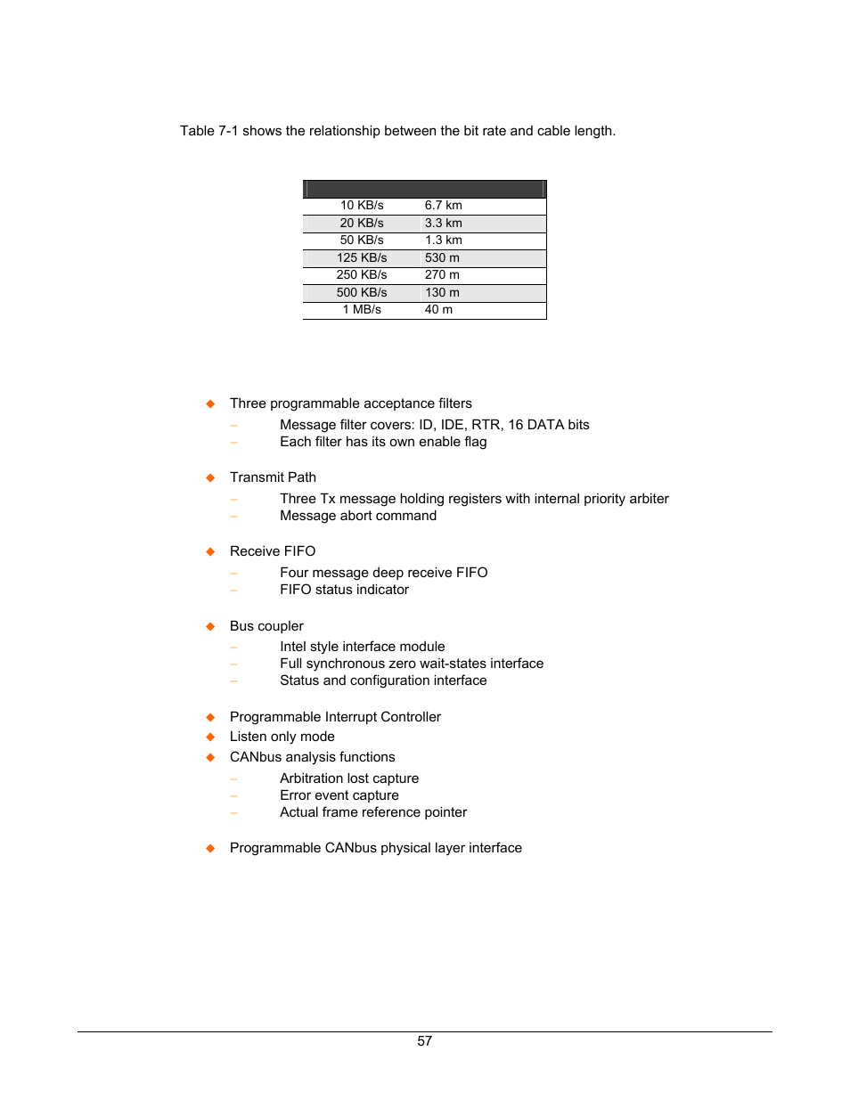 Features, Canbus speed and length, Table 5-1. bit rates for different cable lengths | Lantronix DSTni-EX User Manual | Page 65 / 95