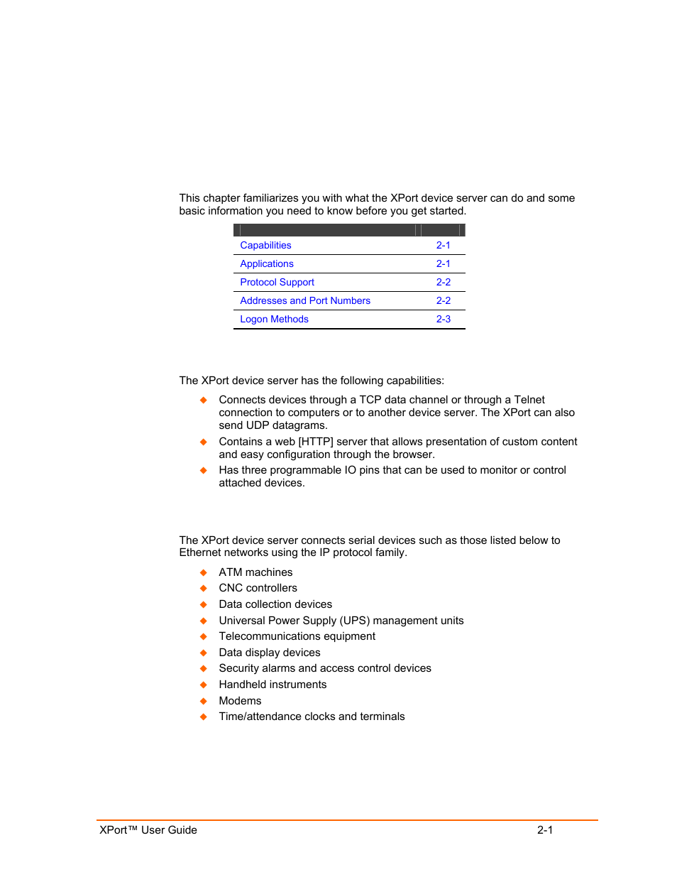 Introduction, Capabilities, Applications | Introduction 2-1, Capabilities -1, Applications -1 | Lantronix XPort User Manual | Page 11 / 87