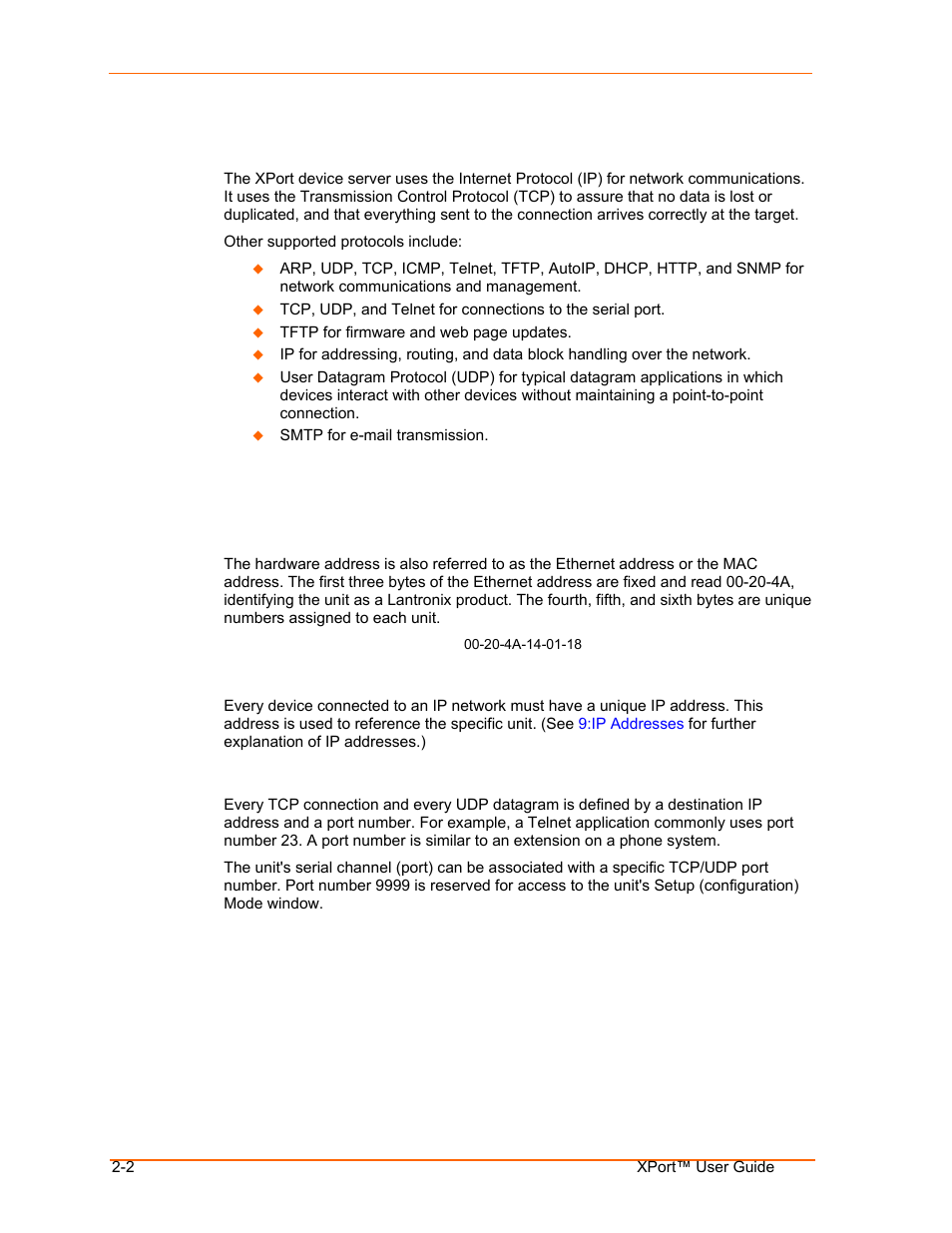 Protocol, Addresses and port numbers, Hardware address | Ip address, Port numbers, Protocol support -2, Addresses and port numbers -2, Hardware address -2, Ip address -2, Port numbers -2 | Lantronix XPort User Manual | Page 12 / 87