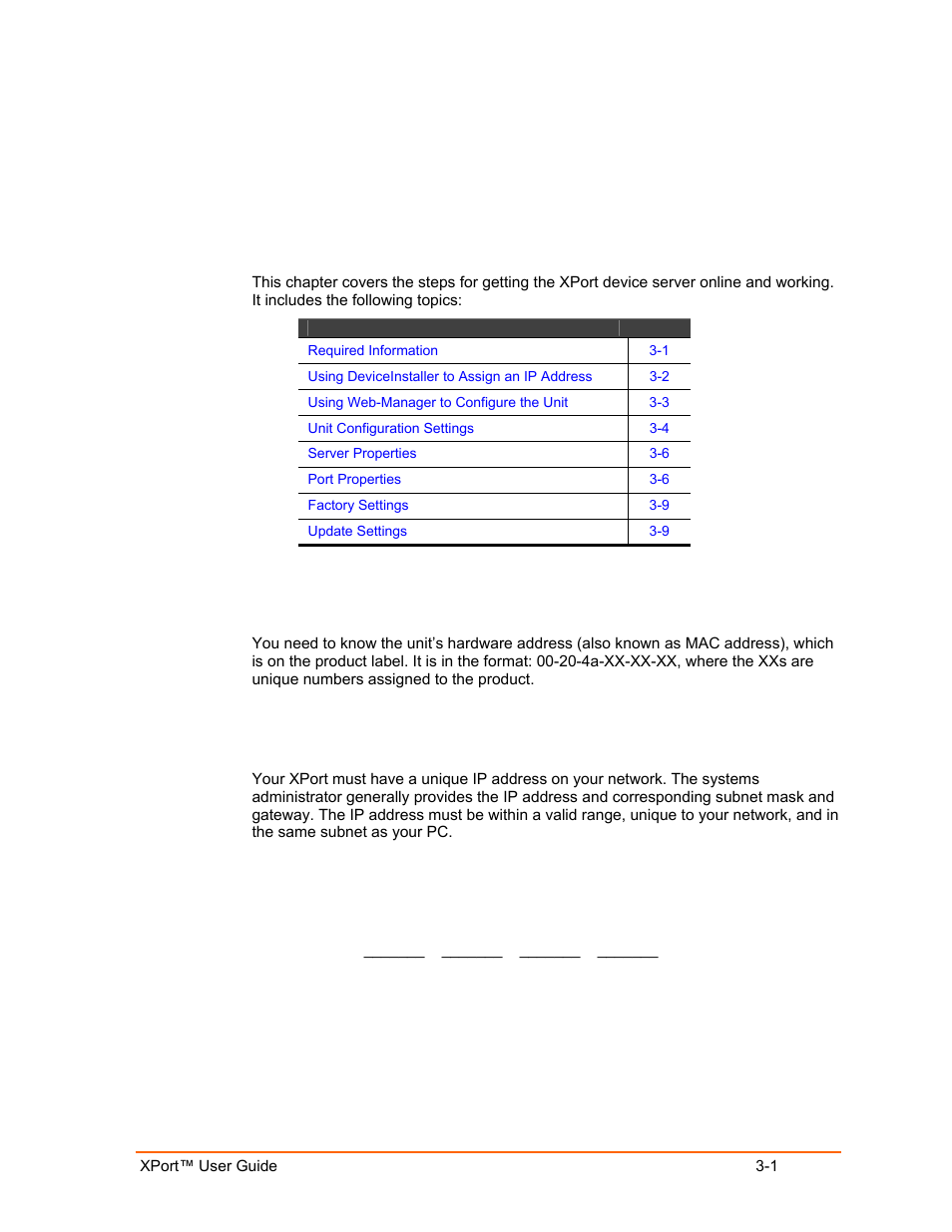 Getting started, Required information, Hardware address | Ip address, Getting started 3-1, Required information -1, Hardware address -1, Ip address -1, Gui) on a pc attached to a network. (see | Lantronix XPort User Manual | Page 15 / 87