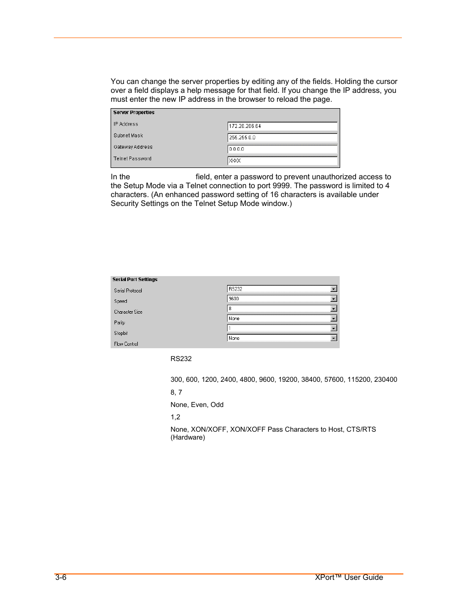 Server properties, Port properties, Serial port settings | Server properties -6, Port properties -6, Serial port settings -6 | Lantronix XPort User Manual | Page 20 / 87