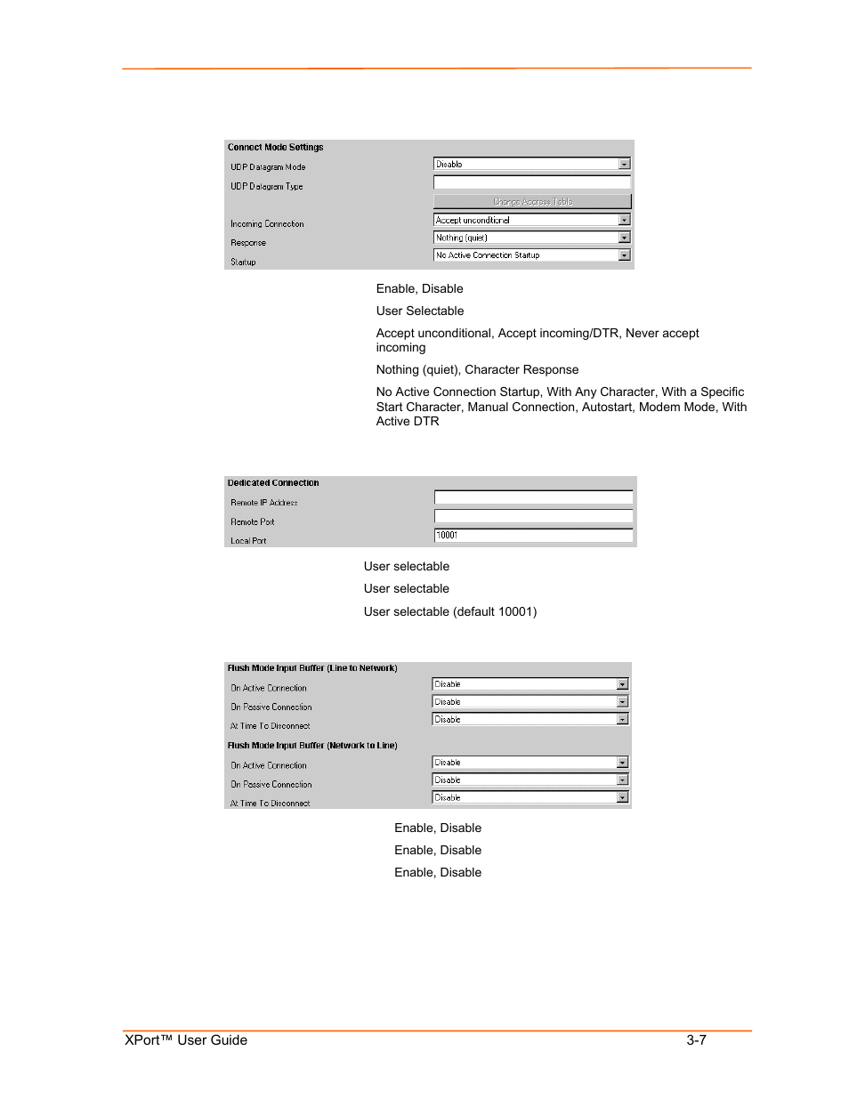 Connect mode settings, Dedicated connection, Flush mode input buffer | Connect mode settings -7, Dedicated connection -7, Flush mode input buffer -7 | Lantronix XPort User Manual | Page 21 / 87