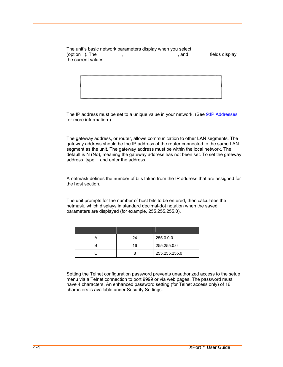 Server configuration (network configuration), Ip address, Set gateway ip address | Netmask: number of bits for host part, Change telnet configuration password, Server configuration (network configuration) -4, Ip address -4, Set gateway ip address -4, Netmask: number of bits for host part -4, Change telnet configuration password -4 | Lantronix XPort User Manual | Page 28 / 87