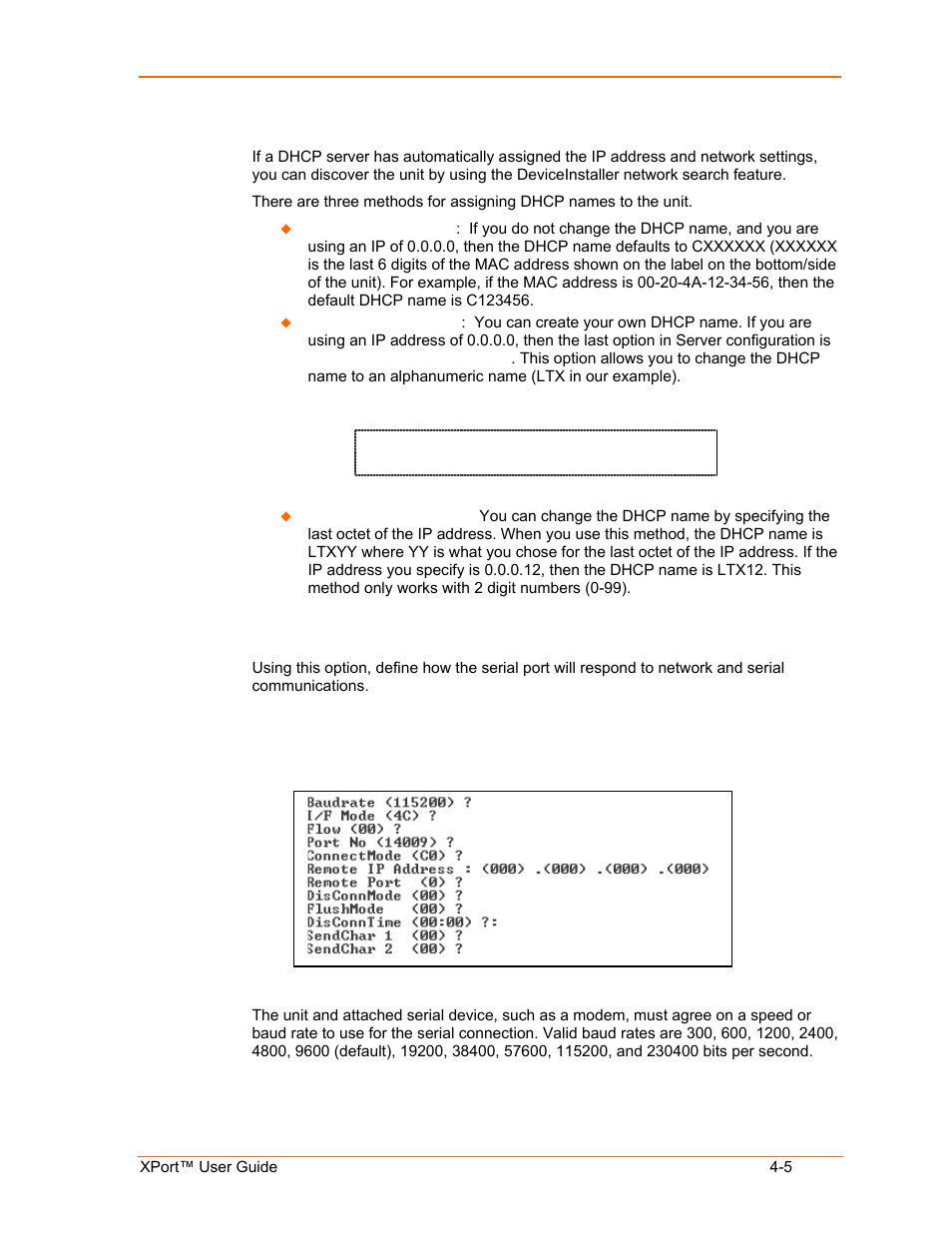 Dhcp name, Channel 1 configuration (serial port parameters), Baudrate | Dhcp name -5, Baudrate -5 | Lantronix XPort User Manual | Page 29 / 87