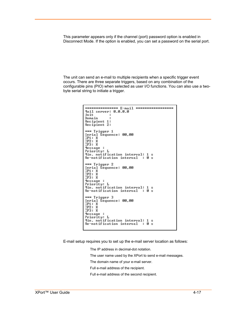 Channel (port) password, E-mail settings, E-mail setup | Channel (port) password -17, E-mail settings -17, E-mail setup -17 | Lantronix XPort User Manual | Page 41 / 87